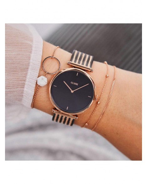 CLUSE-TRIOMPHE MESH BICOLOUR ROSE GOLD BLACK/BLACK-Stainless Steel Strap-CW0101208005